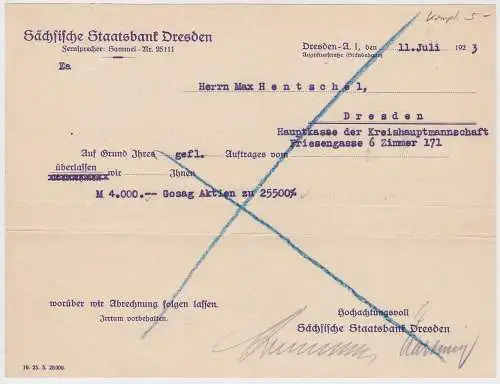 Gosag Aktienkaufvertrag Sächsische Staatsbank Dresden 1923 (133002)