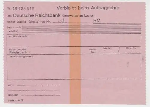 Überweisungsschein Nr. A9425546 der Deutsche Reichsbank um 1930 (132878)