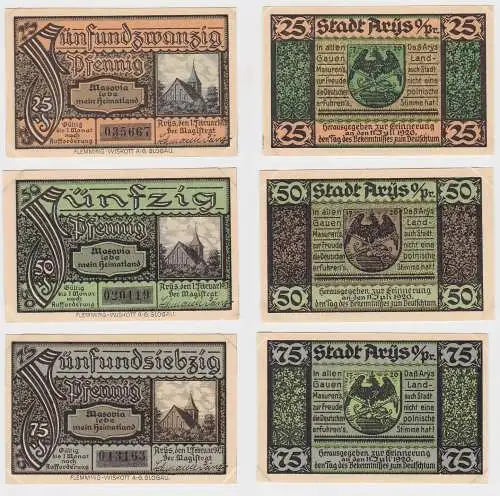 25, 50 & 75 Pfennig Banknoten Notgeld Stadt Ays in Ostpreussen 1920 (132457)