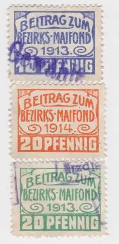 3 Marken Beitrag zum Bezirks Maifond Leipzig 1913 und 1914 (39548)