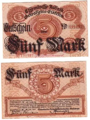 5 Mark Banknote Frankfurt a.M. Chemische Fabrik Griesheim Elektron 1918 (113111)