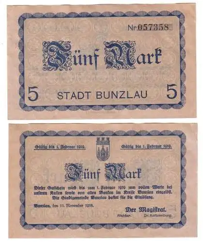 5 Mark Banknote Notgeld Stadt Bunzlau 11.11.1918 (111837)