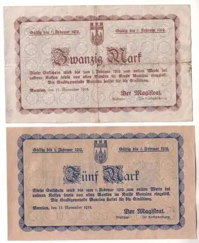 5 & 20 Mark Banknote Notgeld Stadt Bunzlau 11.11.1918 (111336)