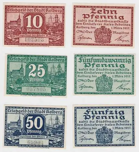 3 Banknoten Notgeld 10 - 50 Pfennig Stadt Kolberg 1. März 1917 (132722)