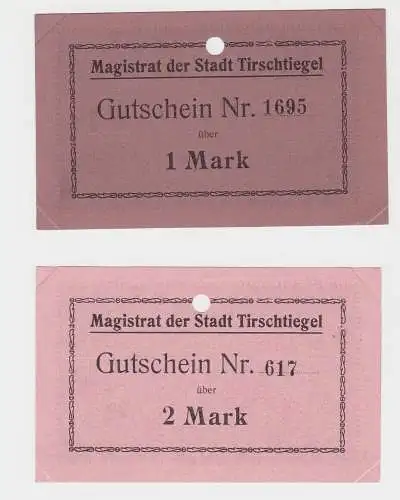 2 Gutscheine Banknoten Notgeld Stadt Tirschtiegel 1 - 2 Mark ohne Datum (133060)