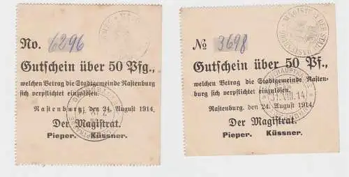 2 Banknoten Notgeld Stadt Rastenburg 24. August 1914 50 Pfennig (133078)