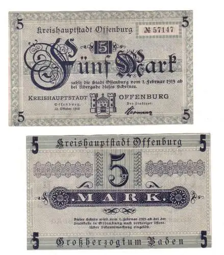 5 Mark Banknoten Stadt Kreishauptstadt Offenburg 1918 (110856)