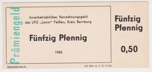 50 Pfennig Banknote DDR LPG Geld "Lenin" Peißen Kreis Bernburg 1966 (151739)