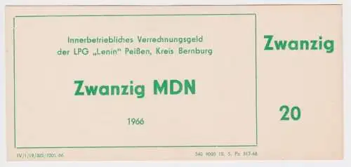 20 MDN Banknote DDR LPG Geld "Lenin" Peißen Kreis Bernburg 1966 (155331)