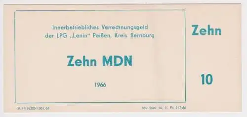 10 MDN Banknote DDR LPG Geld "Lenin" Peißen Kreis Bernburg 1966 (155704)