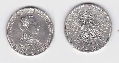 3 Mark Silbermünze Preussen Kaiser in Uniform 1914 Jäger 112  (130853)
