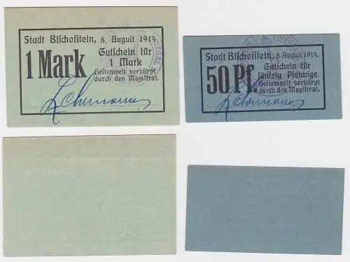 50 Pfennig und 1 Mark Banknoten Notgeld Stadt Bischoffstein 8.8.1914 (124816)