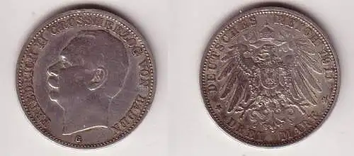 3 Mark Silber Münze Baden Großherzog Friedrich II 1911 G (114252)