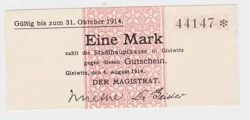 1 Mark Banknote Notgeld Stadt Gleiwitz 6.August 1914 (118074)
