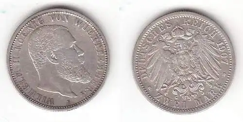 2 Mark Silber Münze Württemberg König Wilhelm II 1907 F (113028)