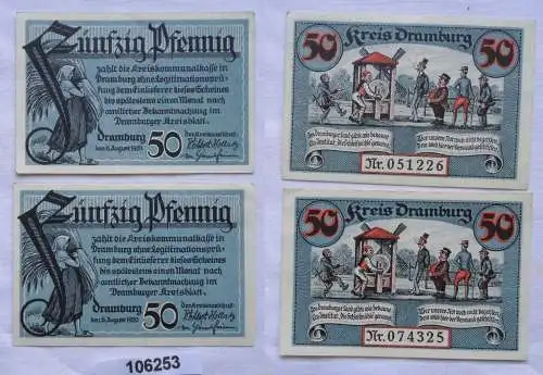 2 x 50 Pfennig Banknoten Notgeld Kreis Dramburg 1920 (106253)