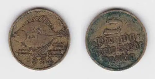 5 Pfennig Messing Münze Danzig 1932 Flunder (122572)