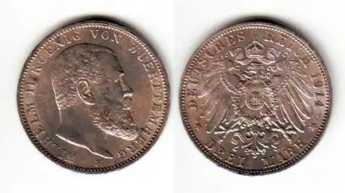 3 Mark Silbermünze Württemberg König Wilhelm II 1914 Jäger 175 (111756)