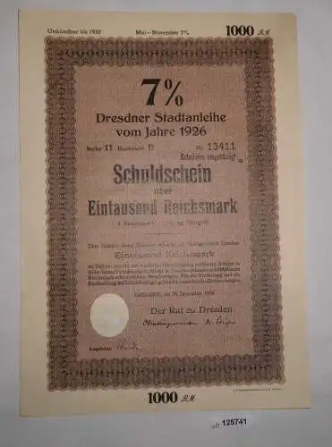 1000 Reichsmark Schuldschein Dresdner Stadtanleihe 15. Dezember 1926 (125741)