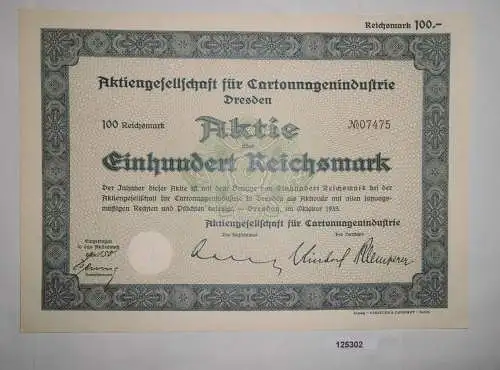 100 Reichsmark Aktie AG für Cartonnagenindustrie Dresden Oktober 1933 (125302)
