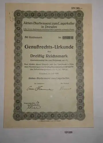 30 RM Genußrechts-Urkunde Aktien-Bierbrauerei zum Lagerkeller Dresden (121320)