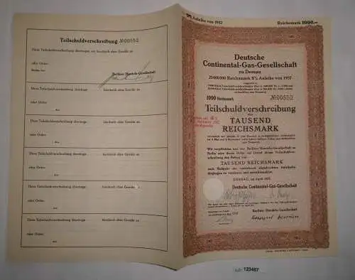1000 RM Schuldverschreibung Dt. Continental-Gas-Gesellschaft Dessau 1937 /123487