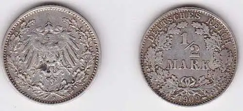 1/2 Mark Silber Münze Kaiserreich 1909 D, Jäger 16  (122166)