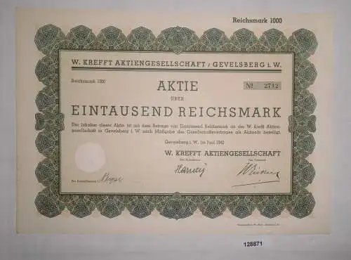 1000 Reichsmark Aktie W. Krefft AG Gevelsberg in Westfalen Juni 1942 (128871)