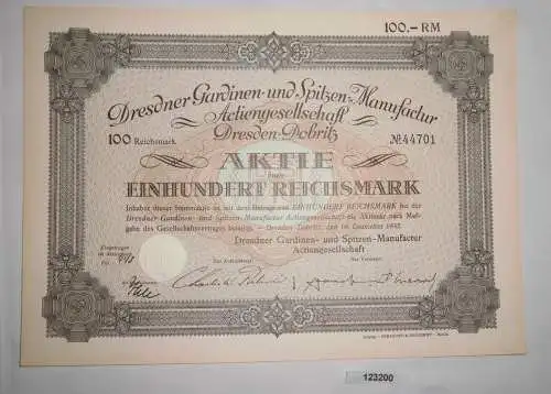 100 RM Aktie Dresdner Gardinen & Spitzen-Manufaktur AG 16.Dezember 1932 (123200)