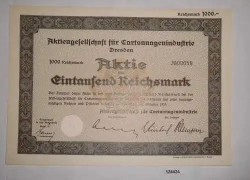 1000 Reichsmark Aktie AG für Cartonnagenindustrie Dresden Oktober 1933 (124424)