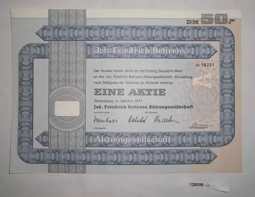 50 Mark Aktie Joh.Friedrich Behrens AG Ahrensburg Oktober 1977 (128099)