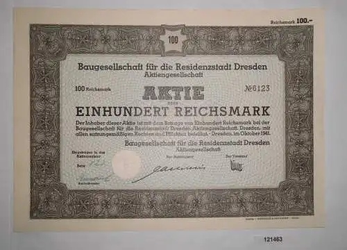 100 Reichsmark Aktie Baugesellschaft Residenzstadt Dresden Oktober 1941 (121463)