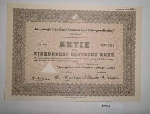 100 Mark Aktie Bürstenfabrik Emil Kränzlein AG Erlangen Januar 1952 (129013)