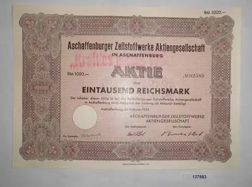 1000 RM Aktie Aschaffenburger Zellstoffwerke AG Februar 1942 (127583)