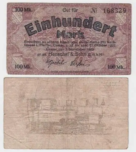 100 Mark Banknote Notgeld  Cassel Henschel & Sohn 7.9.1922 (140338)