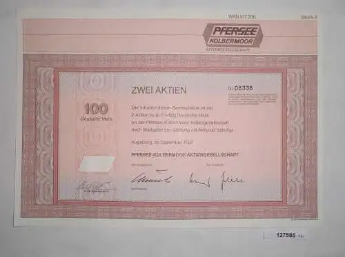 100 Mark Aktie Pfersee Kolbermoor AG Augsburg Dezember 1987 (127585)