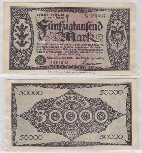 50000 Mark Banknote Notgeldschein Köln 2. Juli 1923 Serie D (135632)