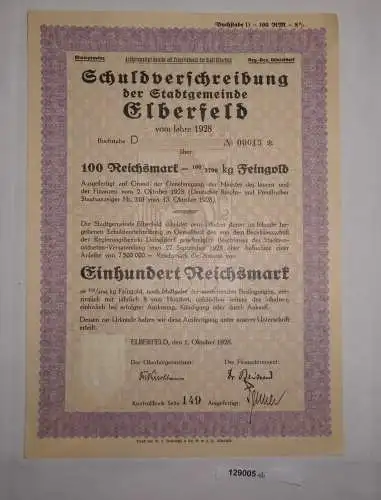 100 RM Schuldverschreibung Stadtgemeinde Elberfeld 1. Oktober 1928 (129005)
