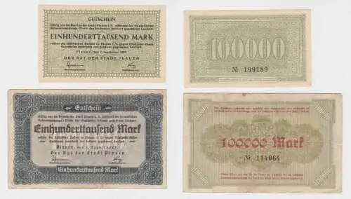 2 x 100000 Mark Banknoten Inflation Stadt Plauen 1.8./7.9.1923 (135492)