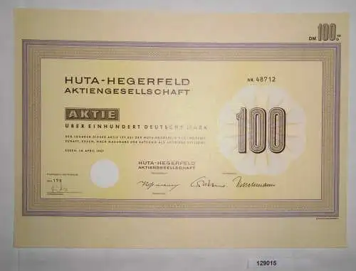 100 Deutsche Mark Aktie HUTA-Hegerfeld AG Essen April 1967 (129015)