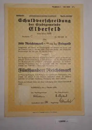 500 RM Schuldverschreibung Stadtgemeinde Elberfeld 1. Oktober 1928 (129006)
