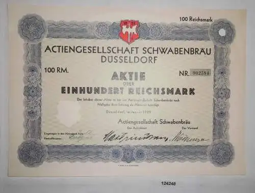 100 Reichsmark Aktie AG Schwabenbräu Düsseldorf Januar 1929 (124248)