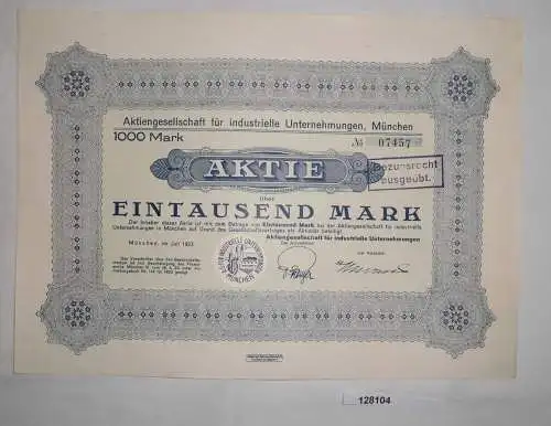 1000 Mark Aktie AG für industrielle Unternehmungen München Juli 1923 (128104)
