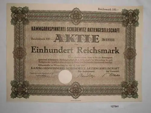 100 RM Aktie Kammgarnspinnerei Schedewitz AG Silberstr. b. Wiesenburg (127541)