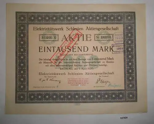1000 Mark Aktie Elektrizitätswerk Schlesien AG Breslau 1. April 1920 (127424)
