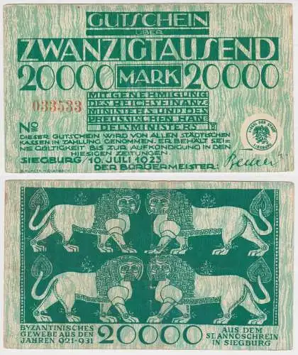 20000 Mark Banknote Inflation Stadt Siegburg 10.7.1923 (143534)