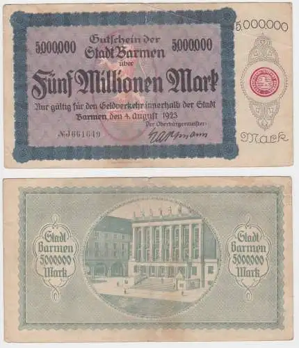 5 Millionen Mark Banknote Inflation Stadt Barmen 4.8.1923 (145856)