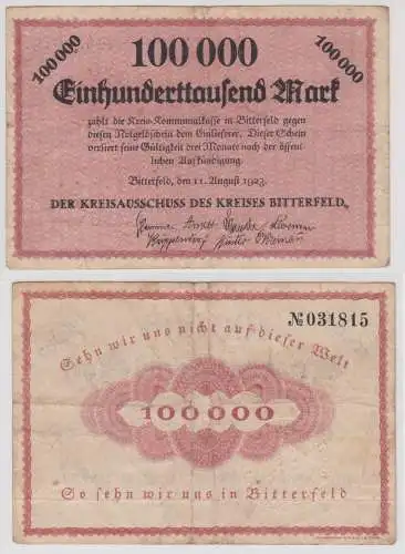 100000 M Banknote Inflation Kreisausschuss Kreis Bitterfeld 11.08.1923 (141767)
