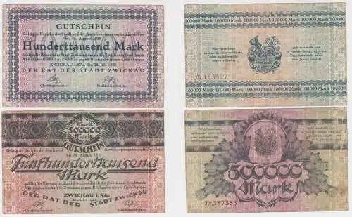 100000 & 500000 Mark Banknoten Inflation Stadt Zwickau 1923 (144293)