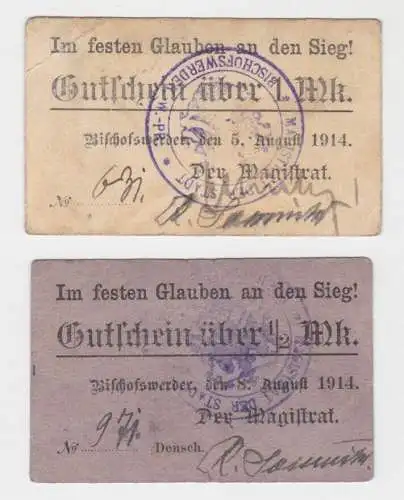 1/2 + 1 Mark Banknote Notgeld Magistrat Bischofswerder 8.8.1914 (135684)